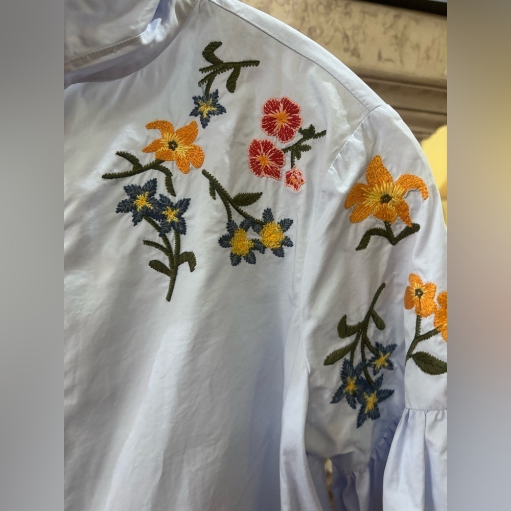 Zara Light Blue Floral Embroidered Oversized Button Down Shirt Dress Size Small - Picture 2 of 10